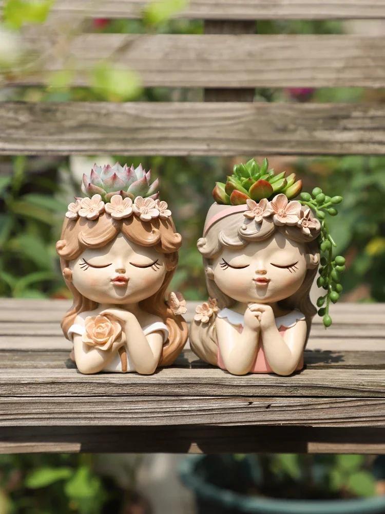 Cute Girl Small Plant Pot Resin Succulent Planter for Home Office Desk Mini Ornament Fairy Garden Flowerpot Decoration