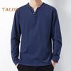 Men Fall Spring Top Buttoned V Neck Long Sleeves Pure Color Loose Pullover T-shirt Daily Wear Sport Homewear Clothes