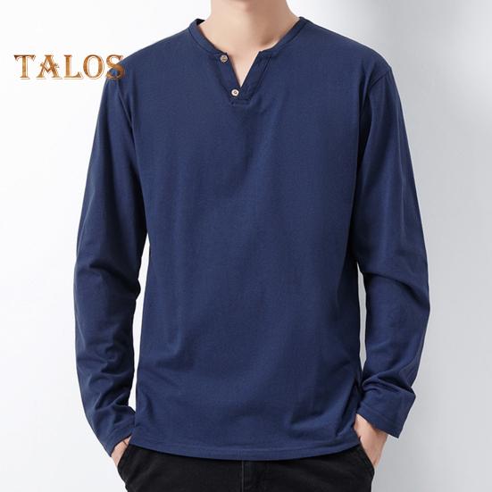 Men Fall Spring Top Buttoned V Neck Long Sleeves Pure Color Loose Pullover T-shirt Daily Wear Sport Homewear Clothes