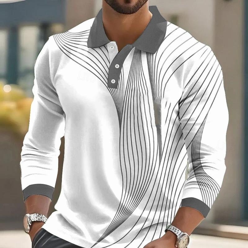 Men'S Striped Print Golf Shirt Long Sleeve Polo Shirt Lapel Business Casual Formal Button 3D Printing Autumn And Winter