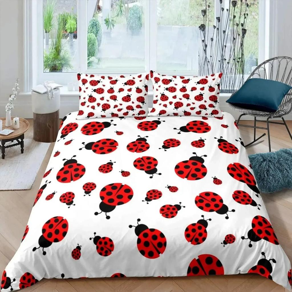 Ladybug Duvet Cover Set 3D Ladybug Printed Bedding Set For Kids Boys Girls Flying Entomology Soft King Size Quilt Cover