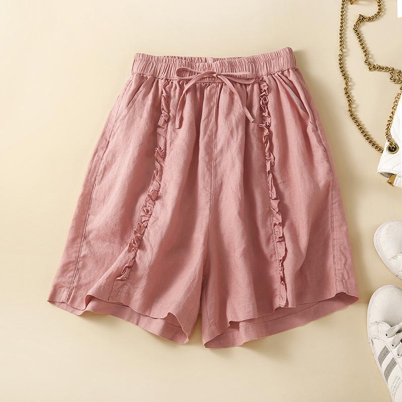 Women's Summer 2024 Retro Cotton Linen Ruffle Wide-Leg Shorts - Casual, Loose Mid-Length.