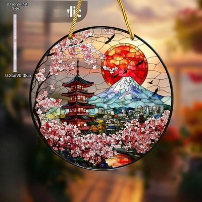 Pagoda and Cherry Blossom Sun Catcher Indoor Outdoor Home Decor, Art Panel, Nurseries, Vintage Home Decor Wall for Bar Kitchen, Restaurant Shop Wall