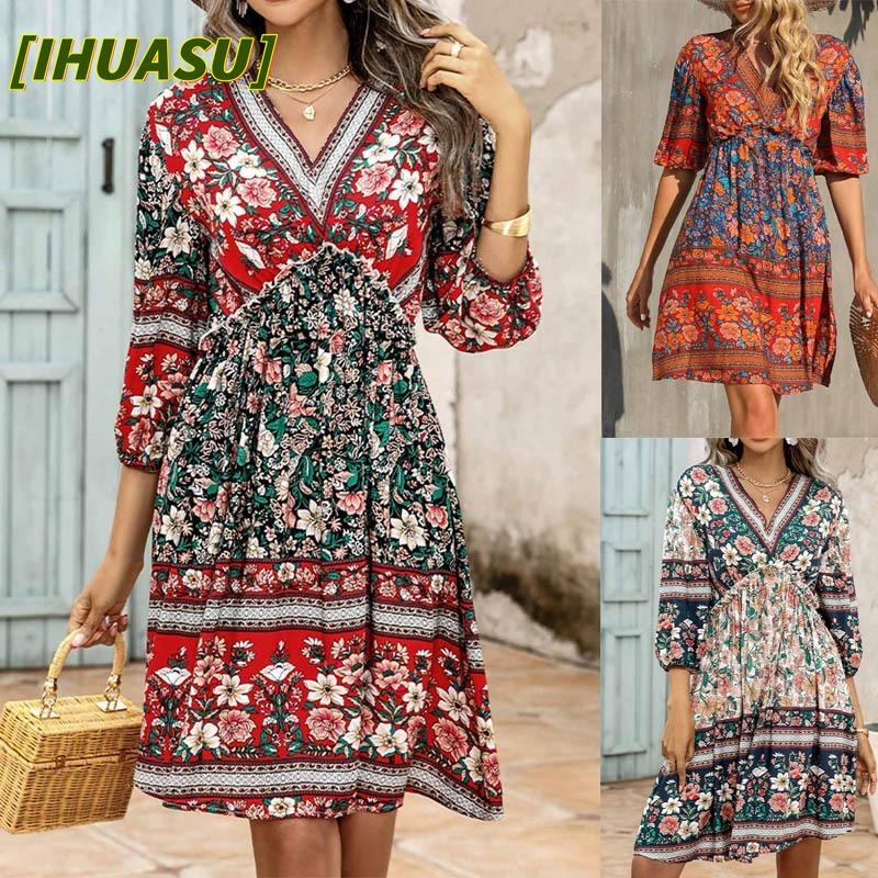 IHUASU Fashion Summer Spring 3/4 Sleeves V-Neck Casual Dresses