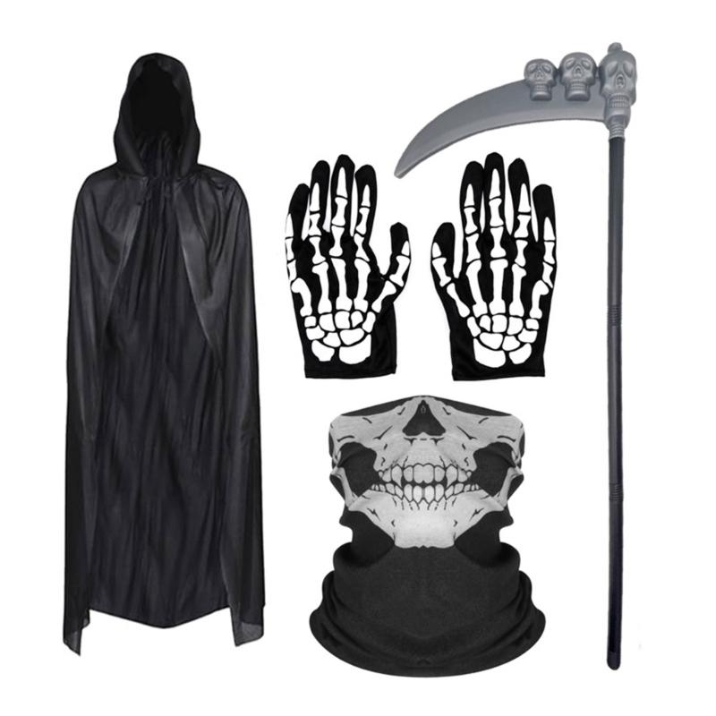 

Grim Reapers Costume Set Grim Reapers Scythe Hooded Cloak Skeleton Gloves Skull Face Mask Halloween Cosplay Costume 1
