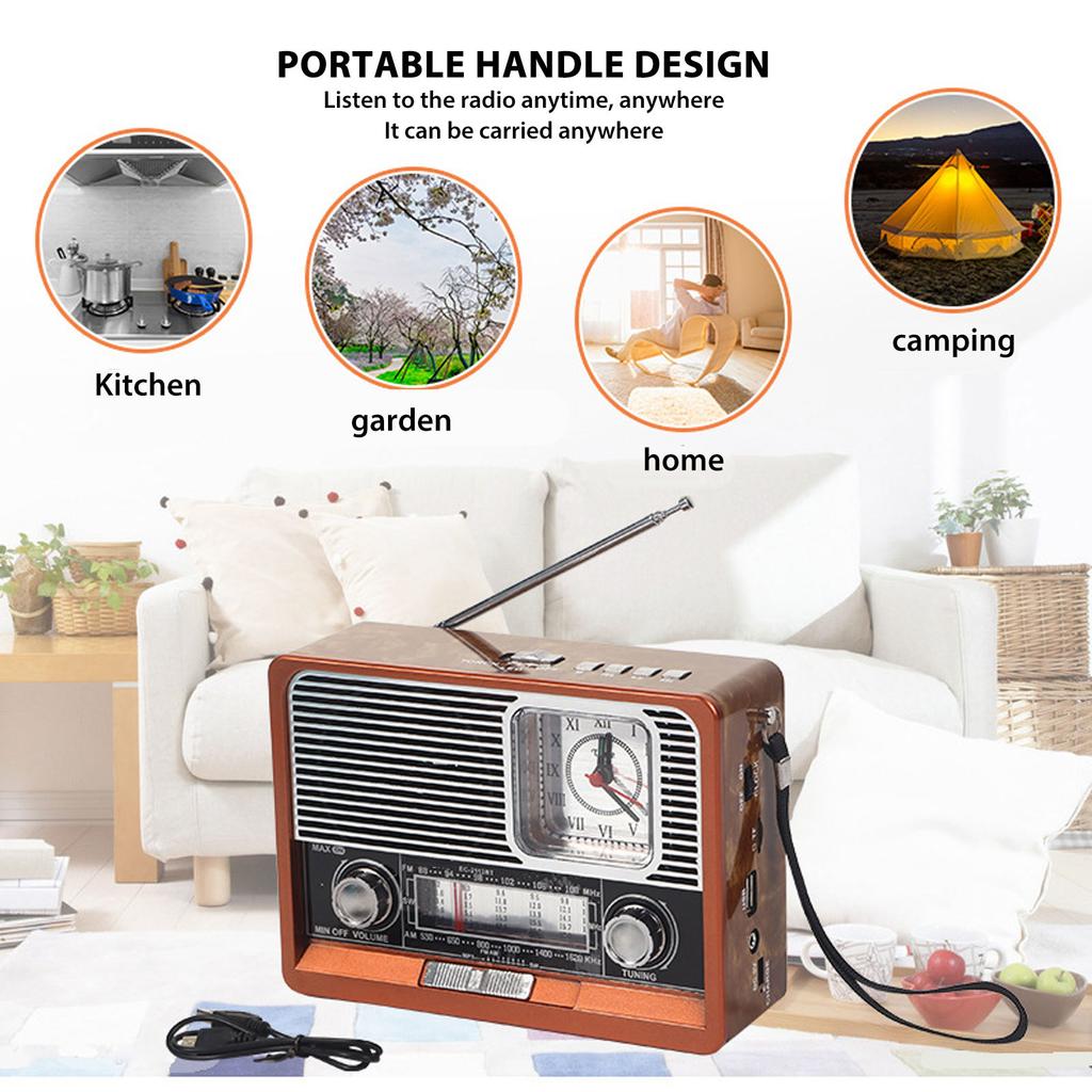 Retro Radio AM FM SW Vintage Radio Uhr Klarer Klang Holzmaserung Multifunktionaler MP3-Player mit Bluetooth für Draußen für Zuhause