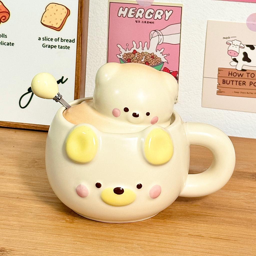 Cute Bear Ceramic Mug, Birthday Gift Cup, Gift Box for Girlfriends, Water Cup, Household Couple Cup with Lid
