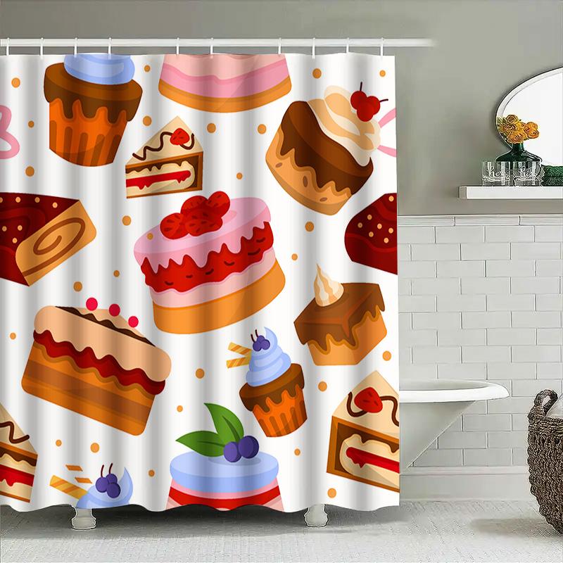 Sweet Treats Collection: Bakery-Style Shower Curtain Decor Cute Pastries Cupcakes Design For Bathroom Accessories
