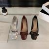 Burgundy High Heels 2025 Autumn French New Women's Shoes Square Head Bow Light Mouth Thick Heel Single Shoes