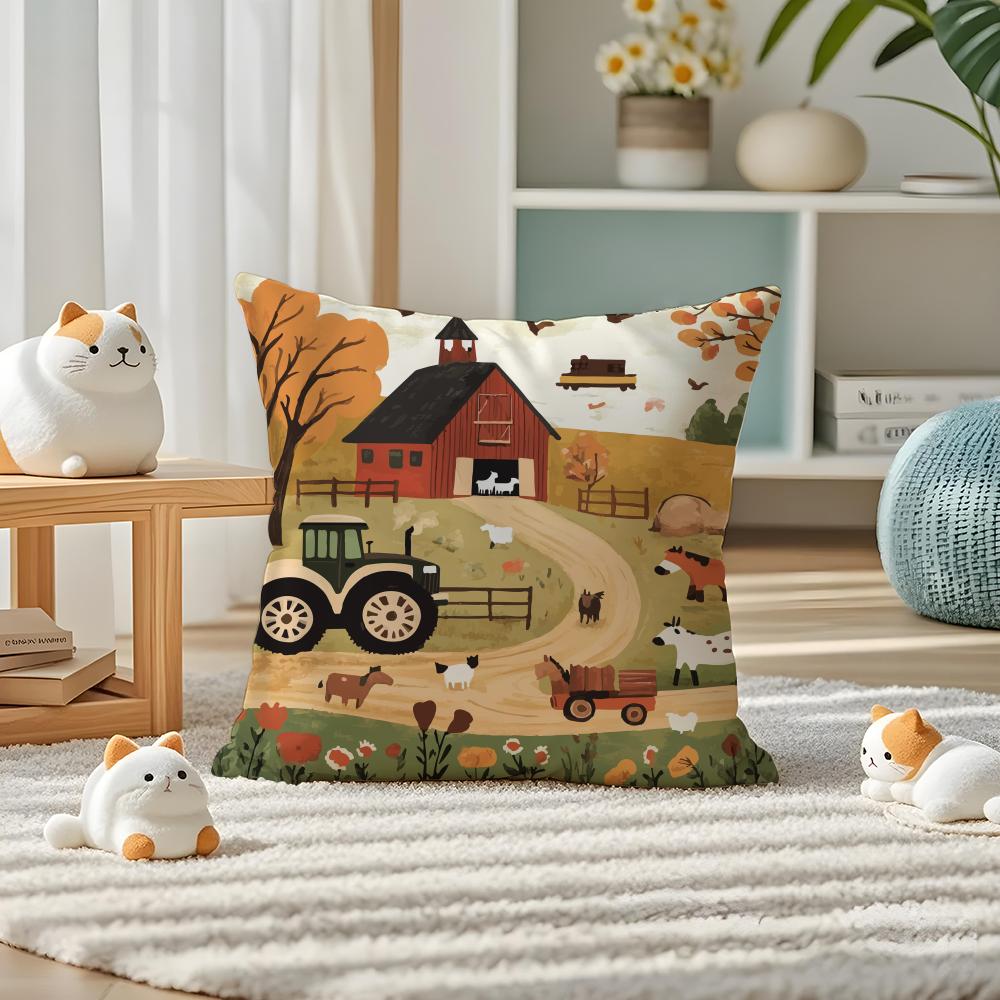 Colorful Farm Painting Pillow Case Silky Elegant Comfort Sofa Bed Invisible Zipper