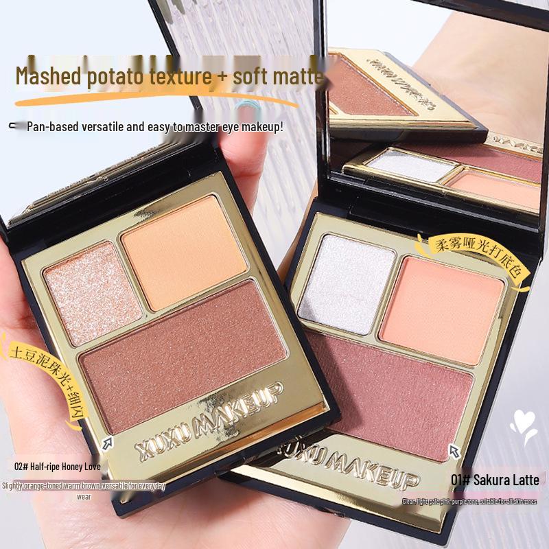 XUXU Multi-Use Eyeshadow Palette: Three-Color Matte, Pearlescent, Glitter & Highlighter for Beginners.