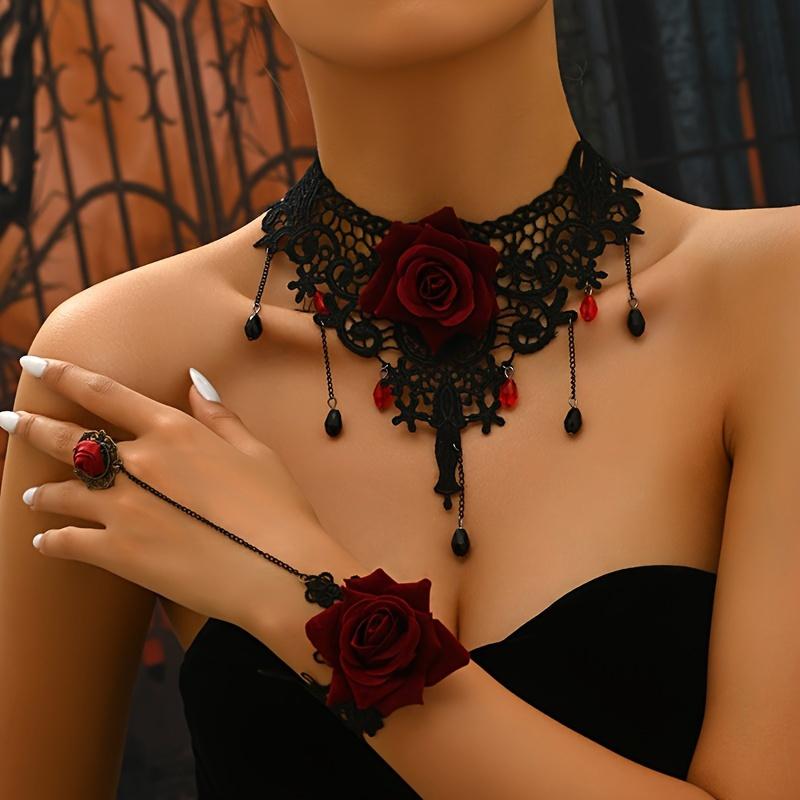 [No Plating Red Roses Jewelry] Women's Dark Punk Style Lace Flower Necklace, Gothic Vintage Choker with Red Roses, All-Season, for Daily & Party Wear