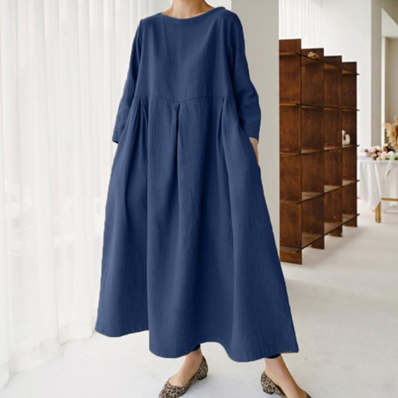 2026 Summer Large Loose Cotton and Hemp Casual Dress Elegant New Round Neck Short Sleeve A-line Dress Female Fashion Solid Color Simple Clothing