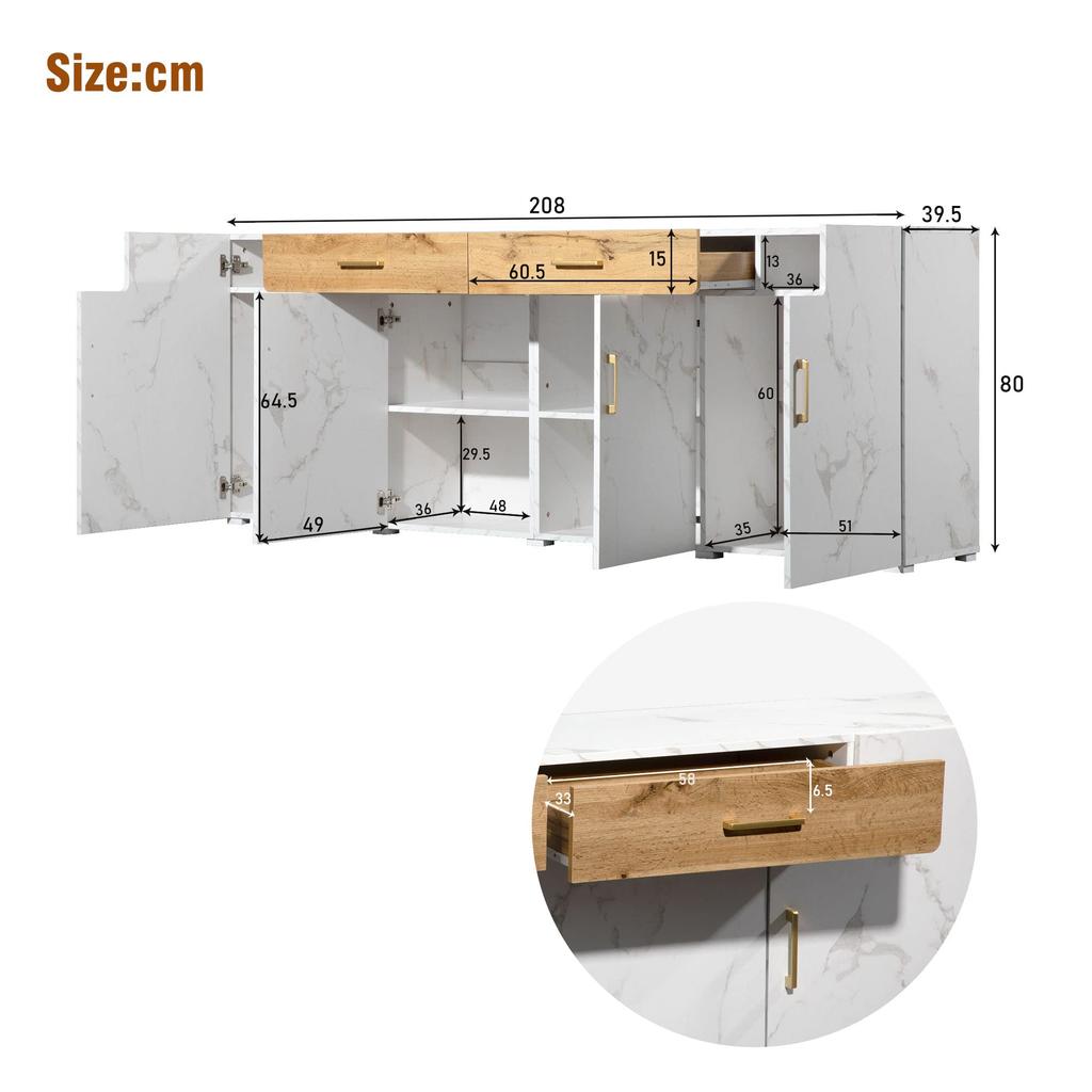 Sideboard Modern Buffet 4 Doors 2 Drawers, Storage Cabinet Ample Storage Space, Buffets Dining Room Living Room Kitchen, White, 208 X 39.5 X 80 Cm