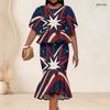 Women Plus Size Two Piece Outfit Round Neck Batwing Sleeve Ruffle Hem Top Fishtail Skirt Printed Red Navy Blue