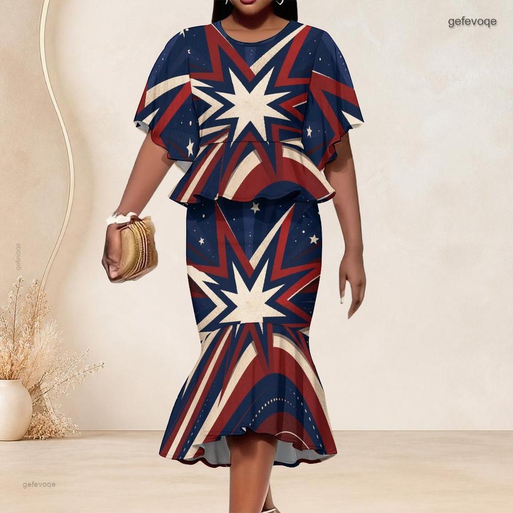 Women Plus Size Two Piece Outfit Round Neck Batwing Sleeve Ruffle Hem Top Fishtail Skirt Printed Red Navy Blue