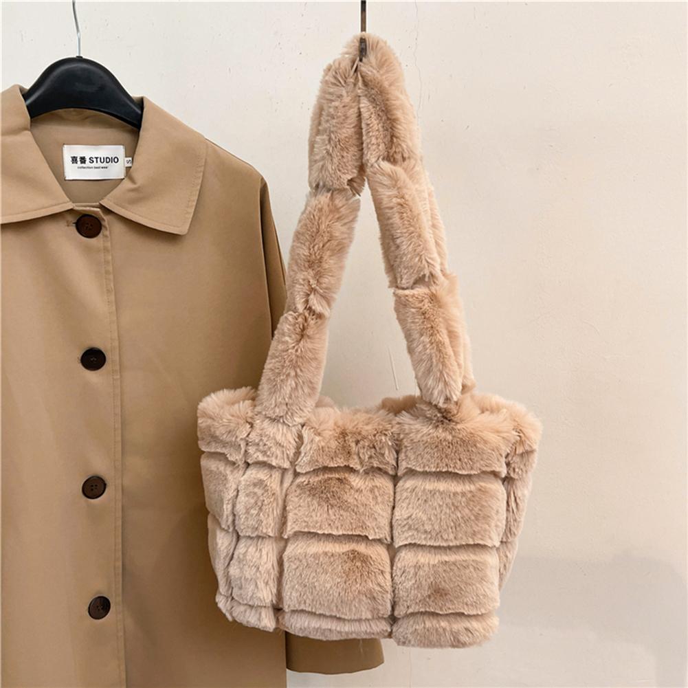 Women Plush Shoulder Bag Fashion Tote Bag Large Capacity Fuzzy Top Handle Bag Solid Color Slouchy Hobo Bag Daily Commuting Bag