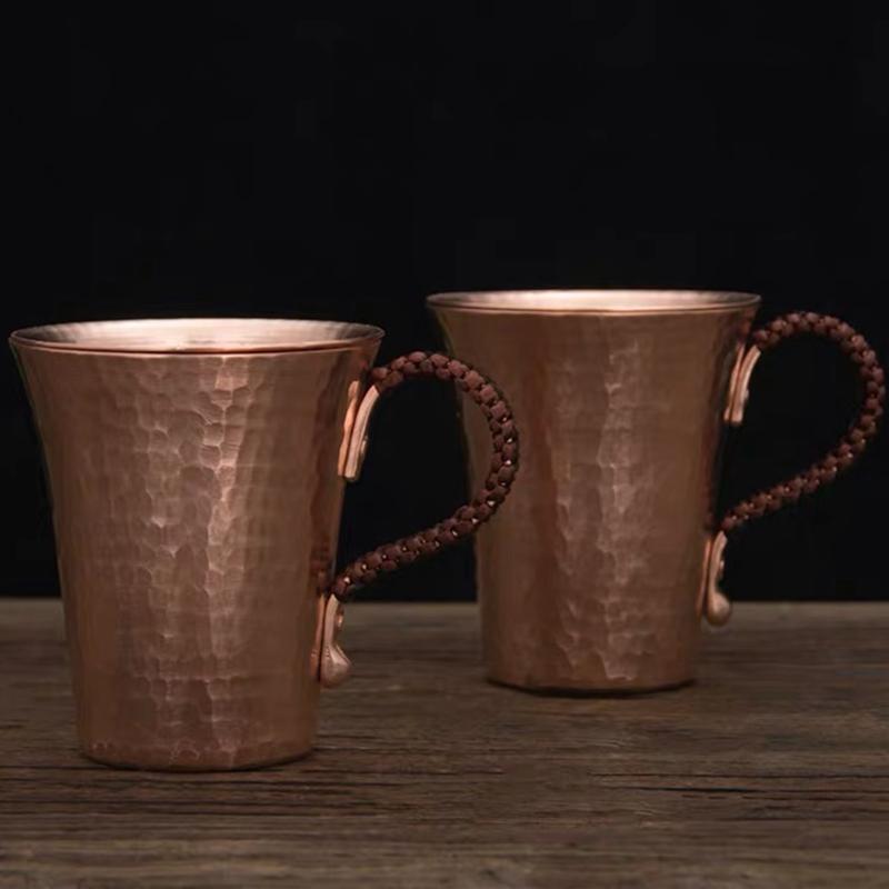 Pure Copper Beer Coffee Cup And Cover Disc Milk Mug Retro Handcrafted Weave Handle 350ml Drinking Cups Drinkware Couple Gifts