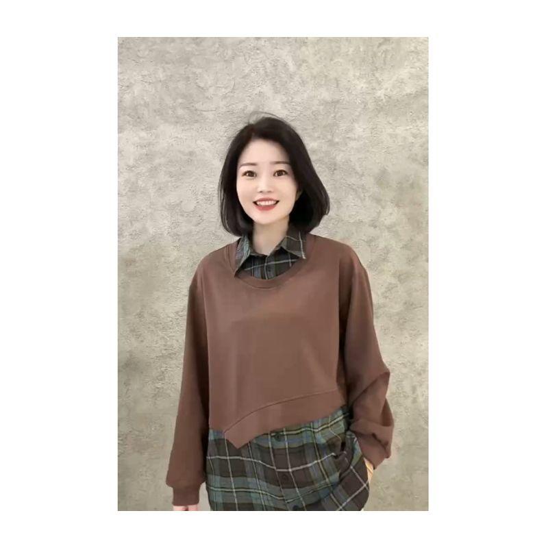 

Scandinavian Super Star Style Fake Two-Piece Tops Clothes Outwear! Women s Air Cotton Patchwork Plaid Contrast Color Shirt Spring & Fall Winter Wear Coffee 4XL