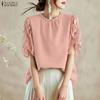 ZANZEA Women Casual Round Neck Loose Splice Short Sleeve Blouse