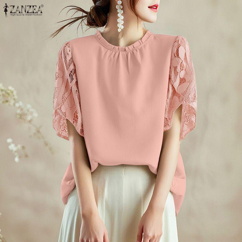 ZANZEA Women Casual Round Neck Loose Splice Short Sleeve Blouse