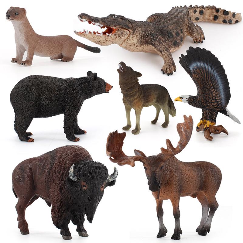 7-Piece Jungle Animal Set: Moose, Bison, Black Bear, Yangtze Alligator – Handcrafted Solid Figurines