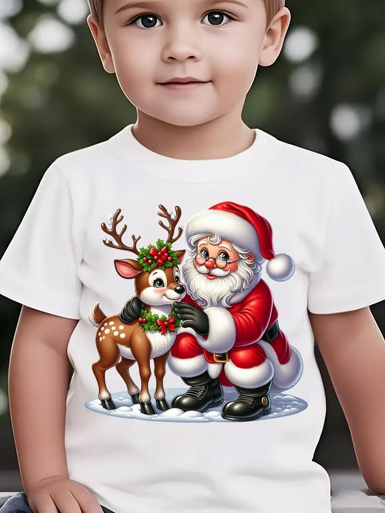 Weihnachts-Sommer-Kinder-T-Shirt mit Cartoon-Druck von Weihnachtsmann und Rentieren im Schnee Eltern-Kind-Oberteil