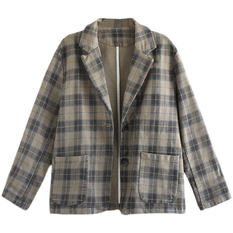 Autumn Women Jackets Coat Retro Blazers Suit Vintage Notched Collar Long Sleeve Plaid Jacket