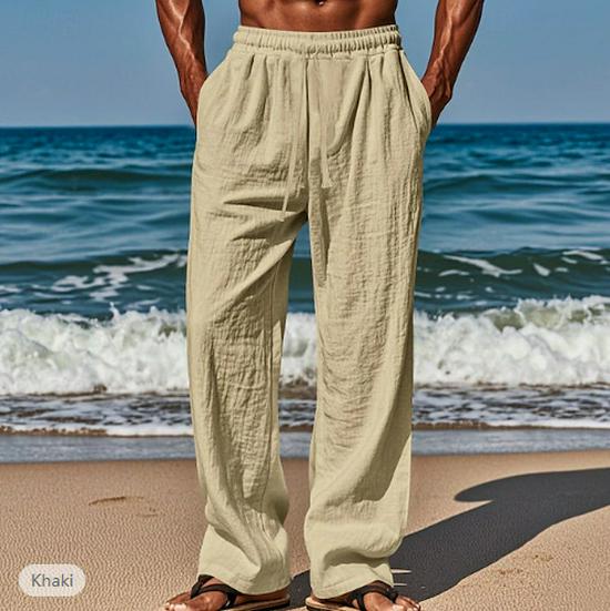 

2026 Hawaiian Summer Men s Casual Long Pants, Solid Color, Elastic Waist, with Pockets, Breathable and Comfortable. 3XL хакі
