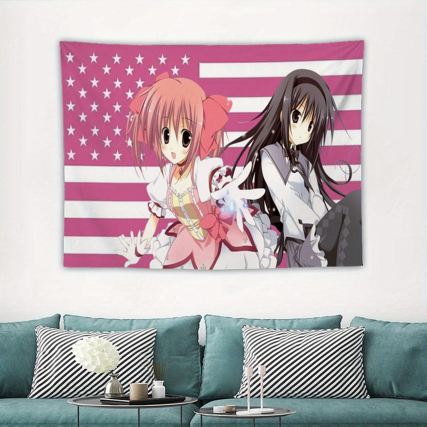 Jmg Household Supplies Unisex Pink Madoka Magica Anime Tapestry, Madoka & Homura Usa Flag Print Polyester Wall Hanging, Otaku Room Decor For Bedroom & Living