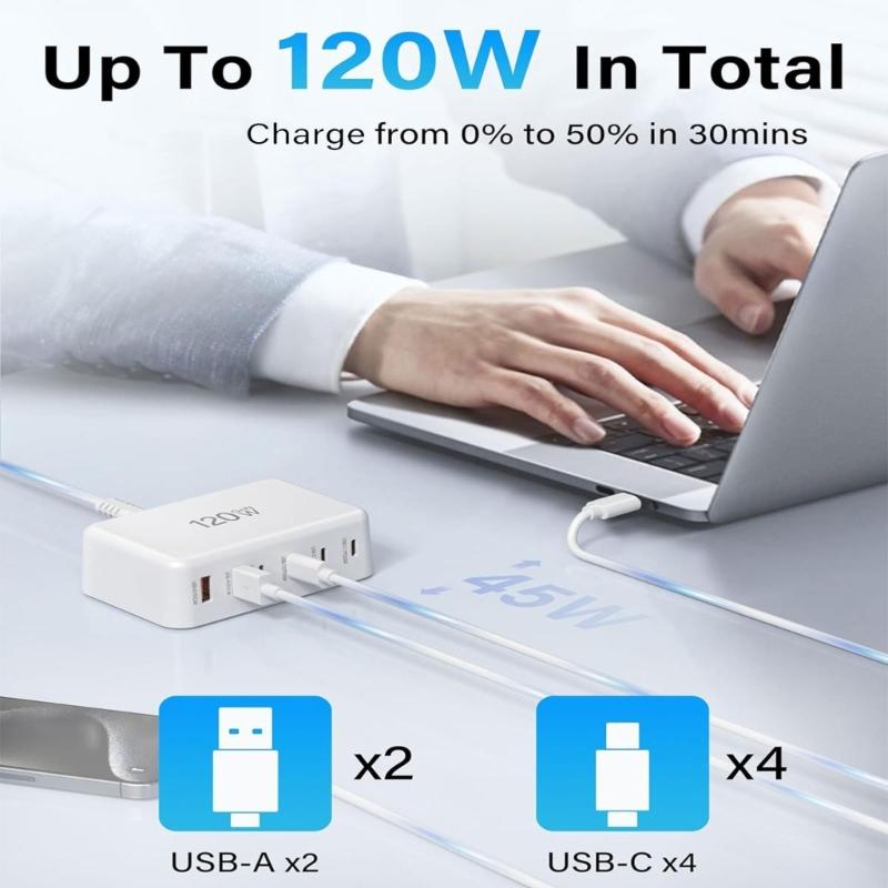 PD120W 4C2A Desktop Charger 4USB C 2USB A Port Fast Charging Hub Power Adapter for Multiple Devices ABS Housing
