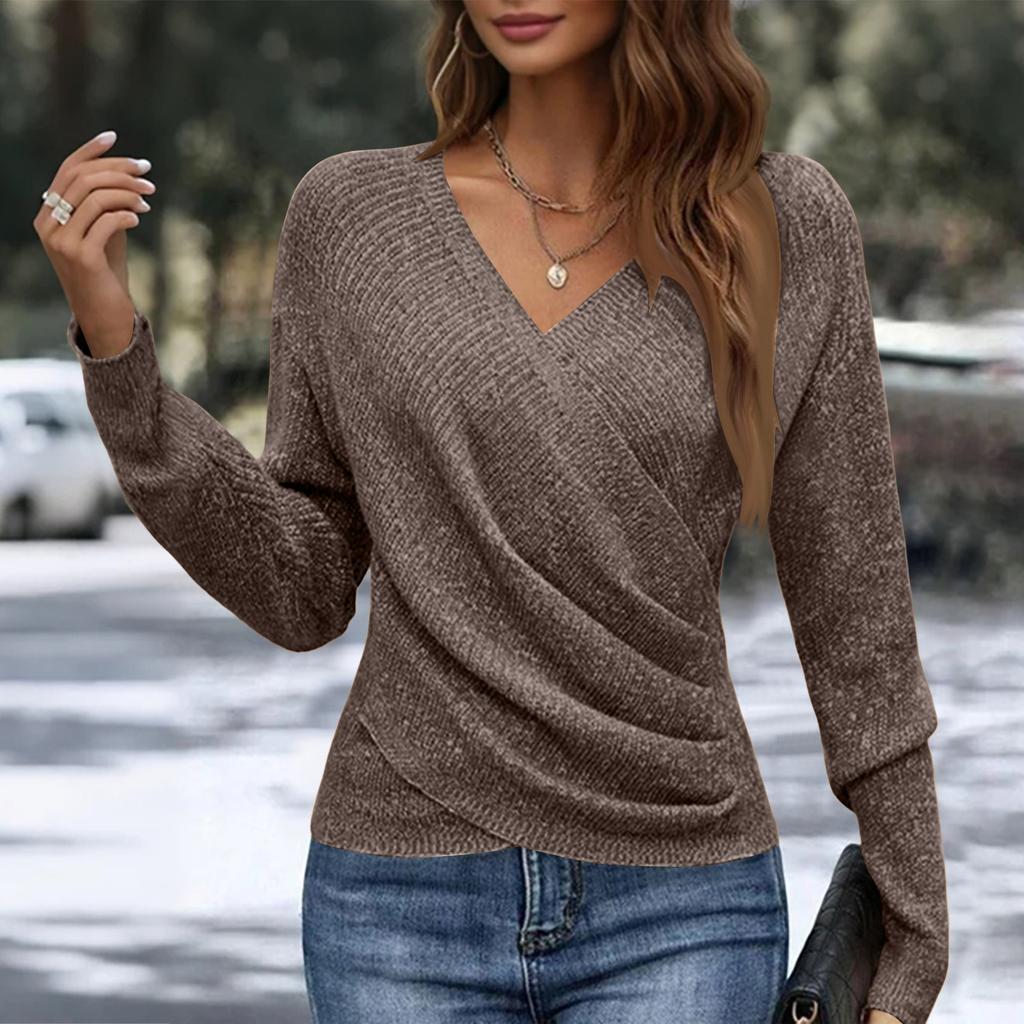 Women's Casual And Fashionable V-Neck Long-Sleeved Crossed -Color Knitted Sweater