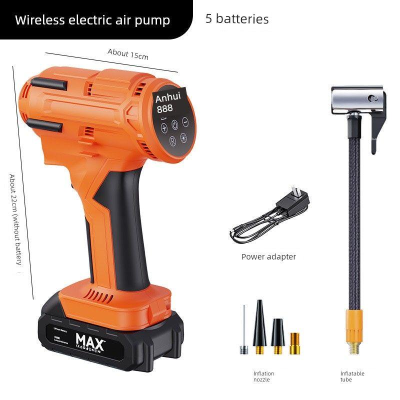 Wireless Car Air Pump, Portable Car Electric Tire Inflator, Electric Vehicle, Motorcycle, Automatic Air Pump Orange 5-Section Battery + Adapter