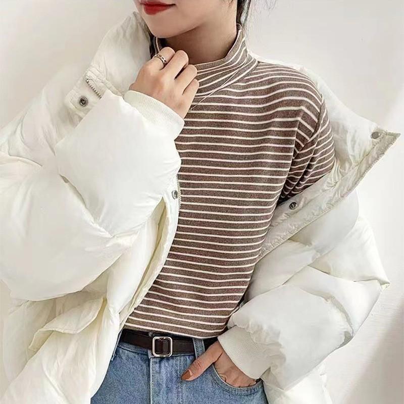 Women's Striped Velvet Mid-Neck Pullover - Autumn/Winter Warm Slim-Fit Long Sleeve Shirt