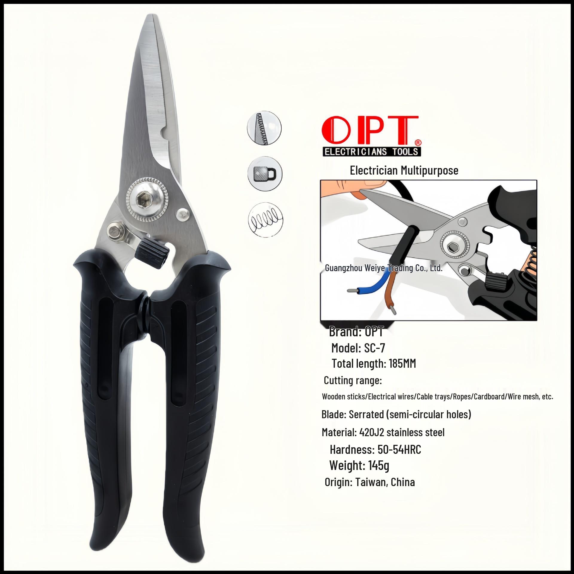 

OPT 8-inch Multi-functional Electrician s Shears SC-7: Stainless Steel, Non-slip, with Teeth for Shearing Sheet Metal and Aluminum Plate.