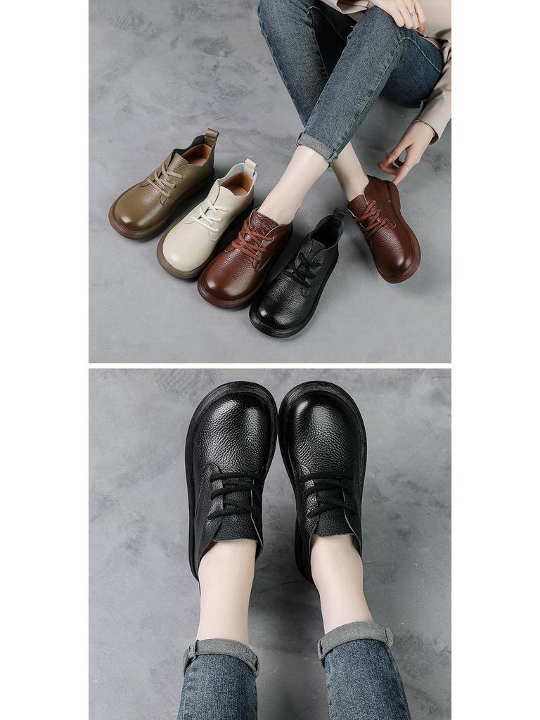 Retro Style Leather Ankle Boots for Wide Feet - Chunky Heel & Thick Sole