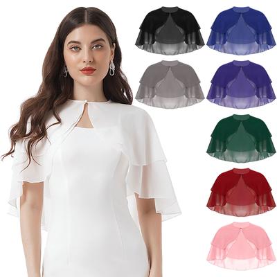 Women Elegant Pure Color Chiffon Shawl Cape Ruffle 2-Layer Chiffon Wraps Bolero Dress Accessory for Party Wedding