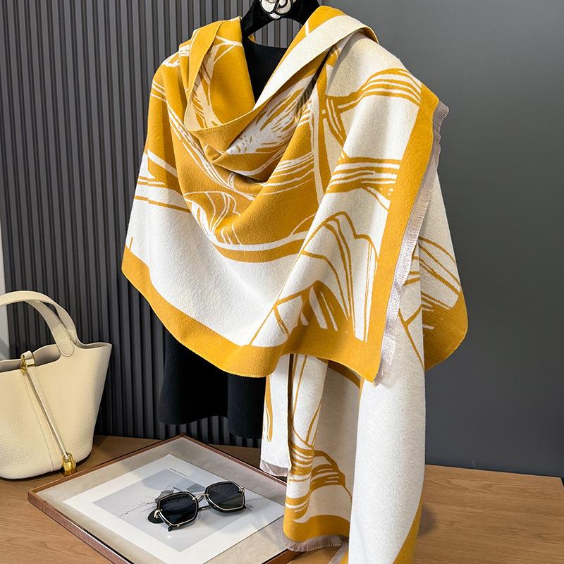 Retro printing contrasting colors double-sided imitation cashmere scarf winter high-end warm shawl women