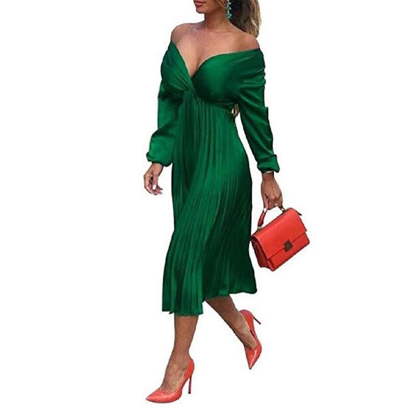 Herbst Damen Langarm V-Ausschnitt Plissiert Einfarbig Modekleid