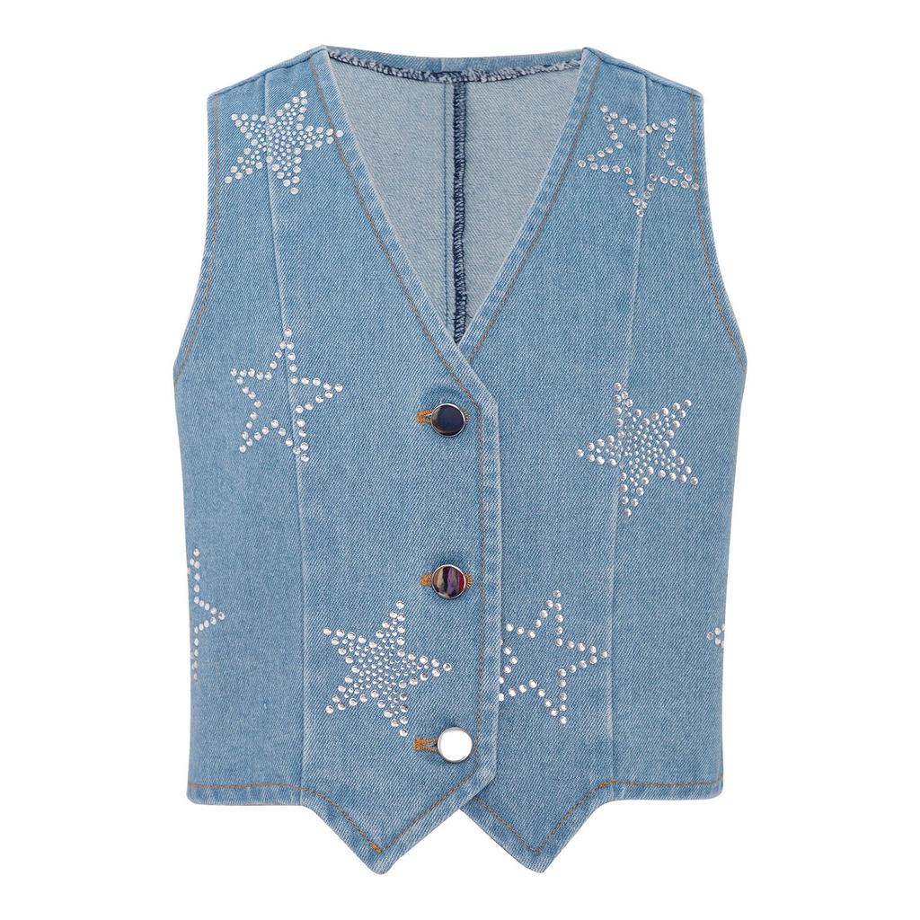 Girls Shiny Rhinestone Stars Denim Vest Buttons Sleeveless Jacket Asymmetrical Waistcoat Birthday Party Top