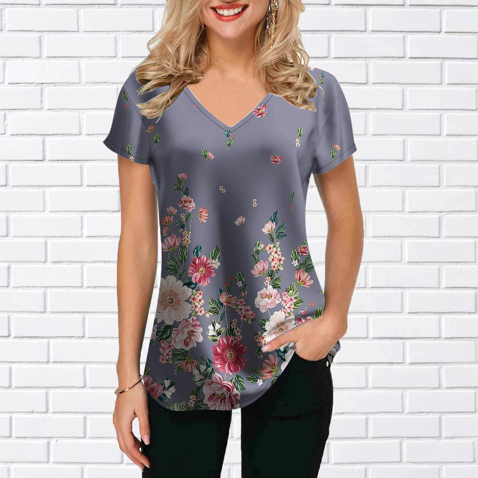 

Женские топы с V-образным вырезом и коротким рукавом с принтом «Подсолнухи, падающие цветы в темноте», свободная футболка, повседневная блузка 8XL серый