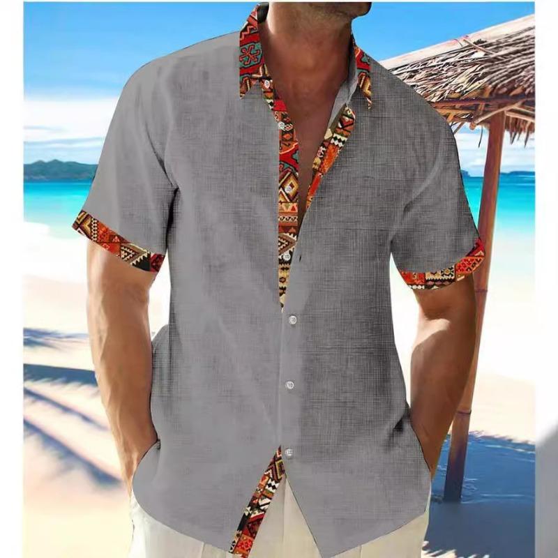 Men Short Sleeve Ethnic Print Casual Button Down Shirt Tops
