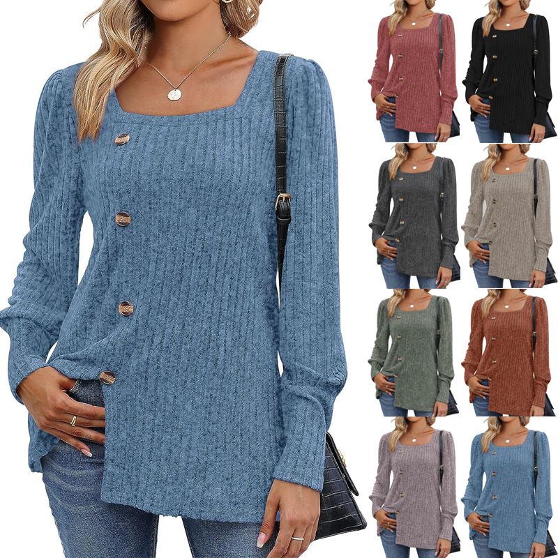 

2024 Square Neck Long Sleeved Solid Color WOMEN S Clothing Blue M