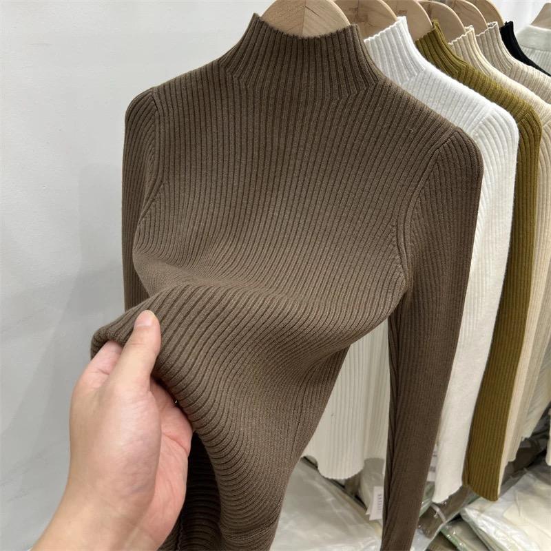 

2025 Корейский стиль Длинные рукава Универсальный пуловер Теплый вязаный свитер с высоким воротом Женский Осень Зима Однотонный базовый топ M