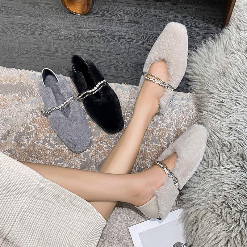 Fashion Rhinestone Chains Mink Fur Flat Shoes for Woman Square Toe Warm Plush Moccasins Crystal Band Furry Slip On Loafers Big Size 43