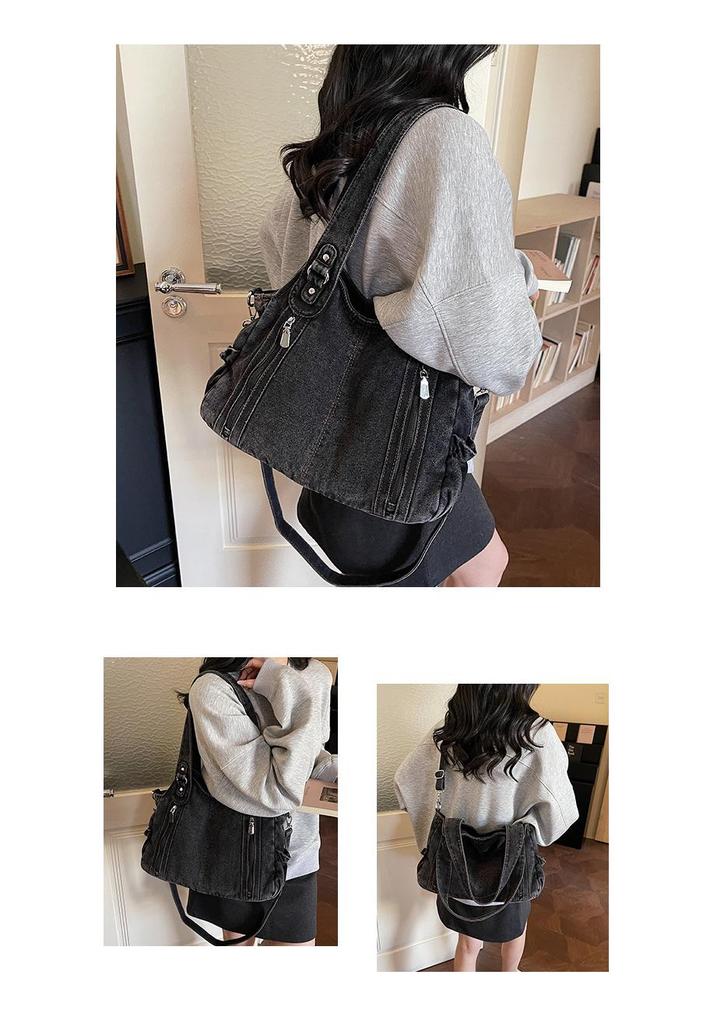Large Vintage Denim Tote Bag - Casual Single Shoulder and Crossbody Versatile Style