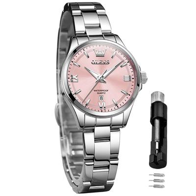 OLEVS Quartz Watch with Stainless Steel Classic Luminous 30M Water and Cute for Business or Pink Women's Band, Dial, Function, Resistance, Popular,