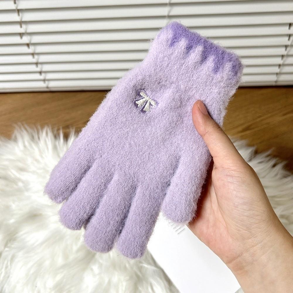Plush Warm Full Finger Gloves Bow Embroidered Winter Knitted Gloves  Cold Weather Activities