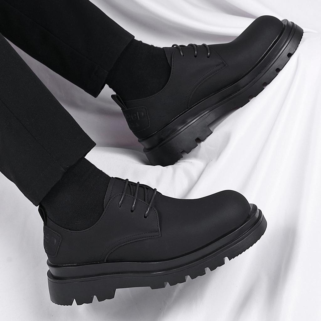 British Style Dark Black Leather Shoes Trendy Men and Women Niche Retro Matte Leather Heightening Big Head Shoes Men's Thick-soled Derby Shoes