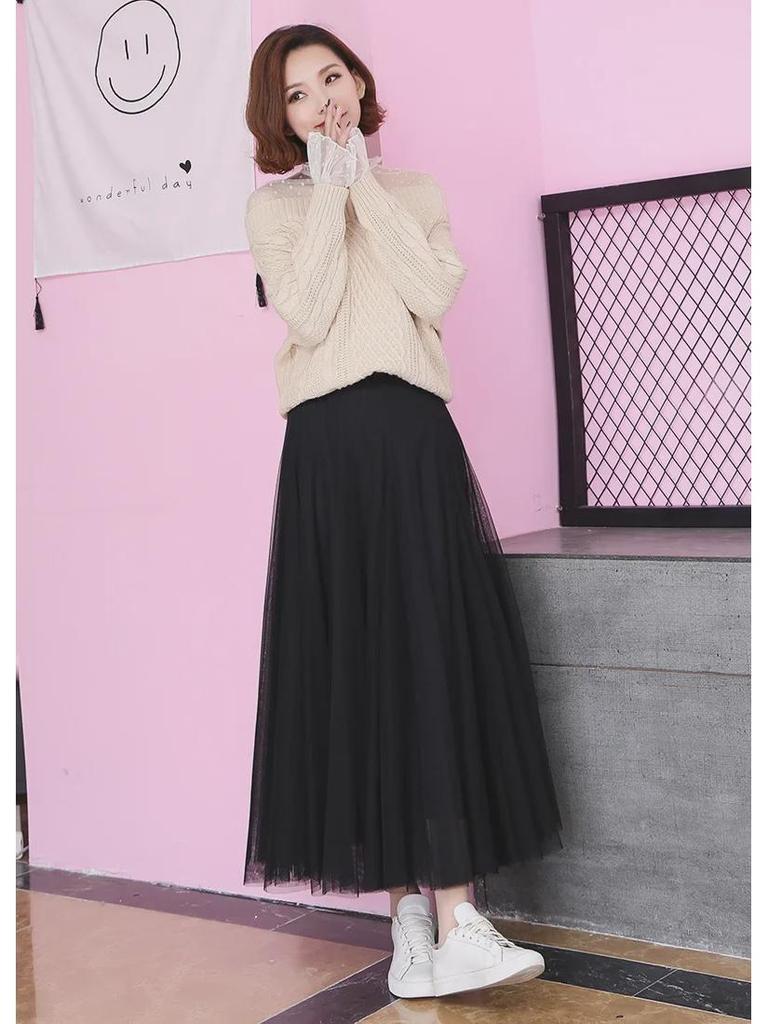 2025 High-Waist A-Line Mesh Skirt: Three-Layer Pleated Fairy Skirt for Spring & Autumn